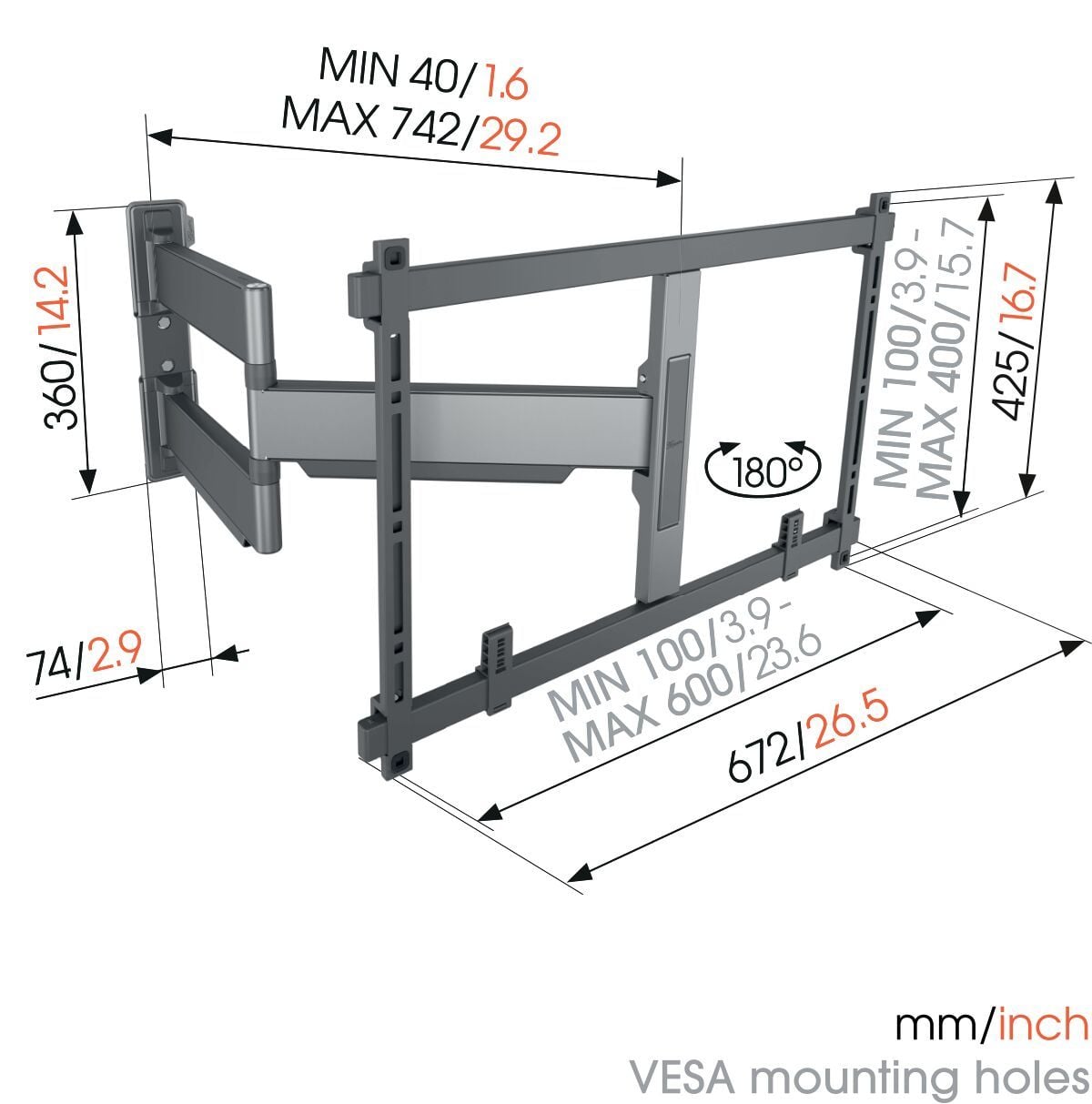 Technické schéma rozměrů Vogel's TVM 5845 — vzdálenost od stěny 4 až 74,2 cm, výška ramen 36 cm, otočení 180 stupňů a rozsah VESA 100 až 600 mm