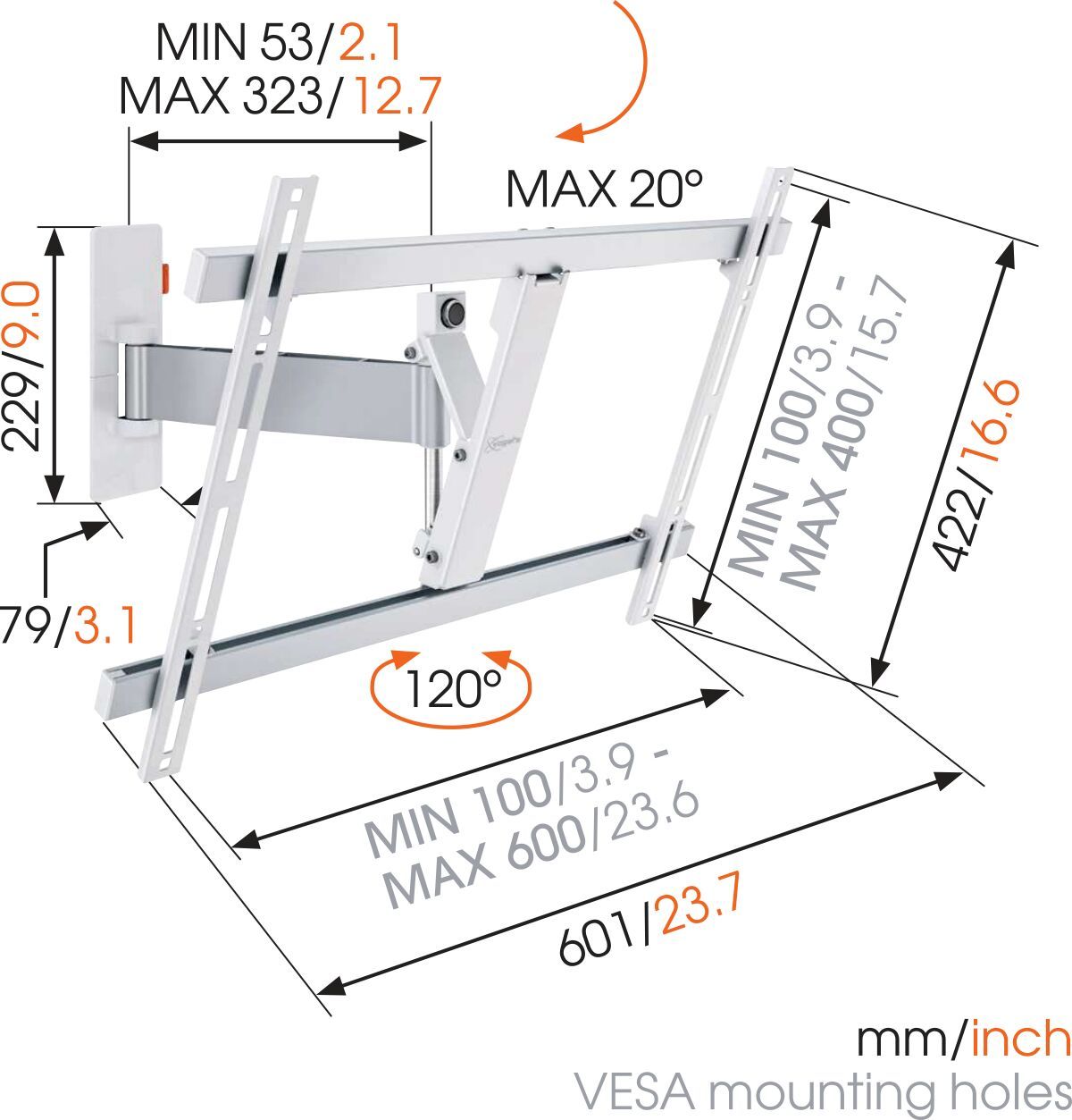 Vogel's WALL 2325 Support TV Orientable (blanc) - Convient aux téléviseurs de 40 à 65 pouces - Rotation (jusqu'à 120°) - Inclinaison jusqu'à 20° - Dimensions