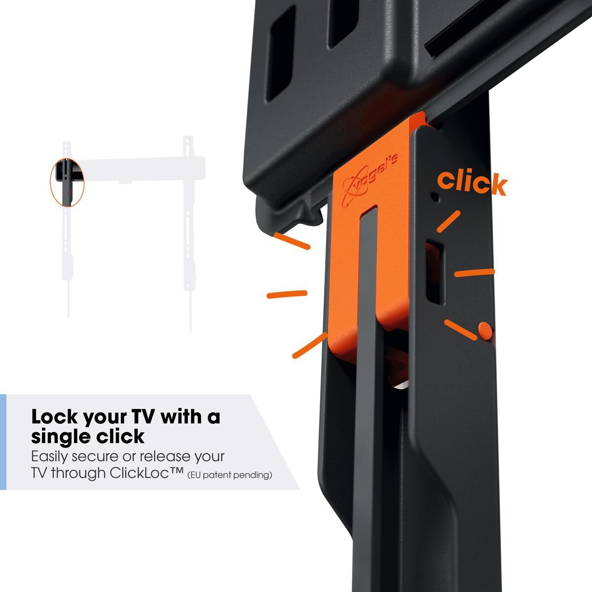 Detail bezpečnostního mechanismu ClickLoc Vogel's — oranžová pojistka s nápisem 'click', schéma uzamčení televizoru k nástěnnému držáku