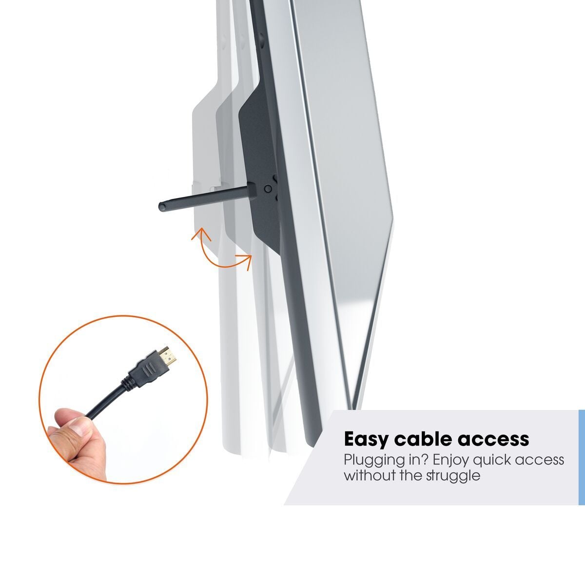 Schéma polohy pro údržbu u Vogel's TVM 3203 — televizor odtažený od stěny a ruka držící HDMI kabel, popisek 'snadný přístup ke kabelům'