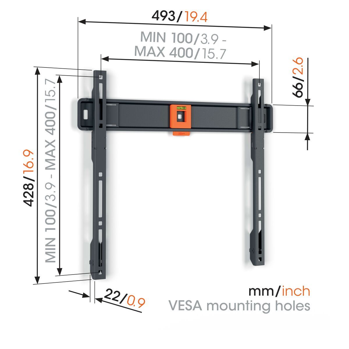 Technické schéma rozměrů Vogel's TVM 1403 — šířka 493 mm, výška 428 mm, vzdálenost od stěny 22 mm, rozsah VESA otvorů MIN 100 až MAX 400 mm