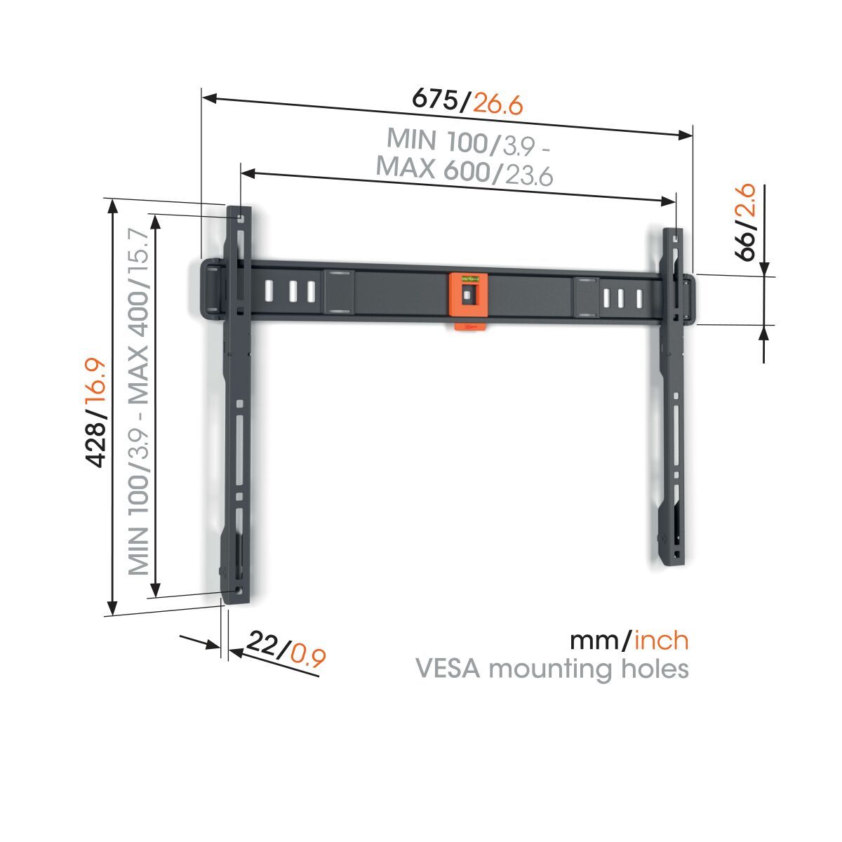 Technické schéma rozměrů Vogel's TVM 1603 — šířka 67,5 cm, výška 42,8 cm, vzdálenost od stěny 2,2 cm, rozsah VESA otvorů MIN 100 až MAX 600 mm vodorovně a 100 až 400 mm svisle