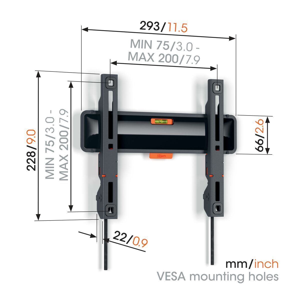 Technické schéma rozměrů Vogel's TVM 3203 — šířka 293 mm, výška 228 mm, vzdálenost od stěny 22 mm a rozsah VESA otvorů MIN 75 až MAX 200 mm