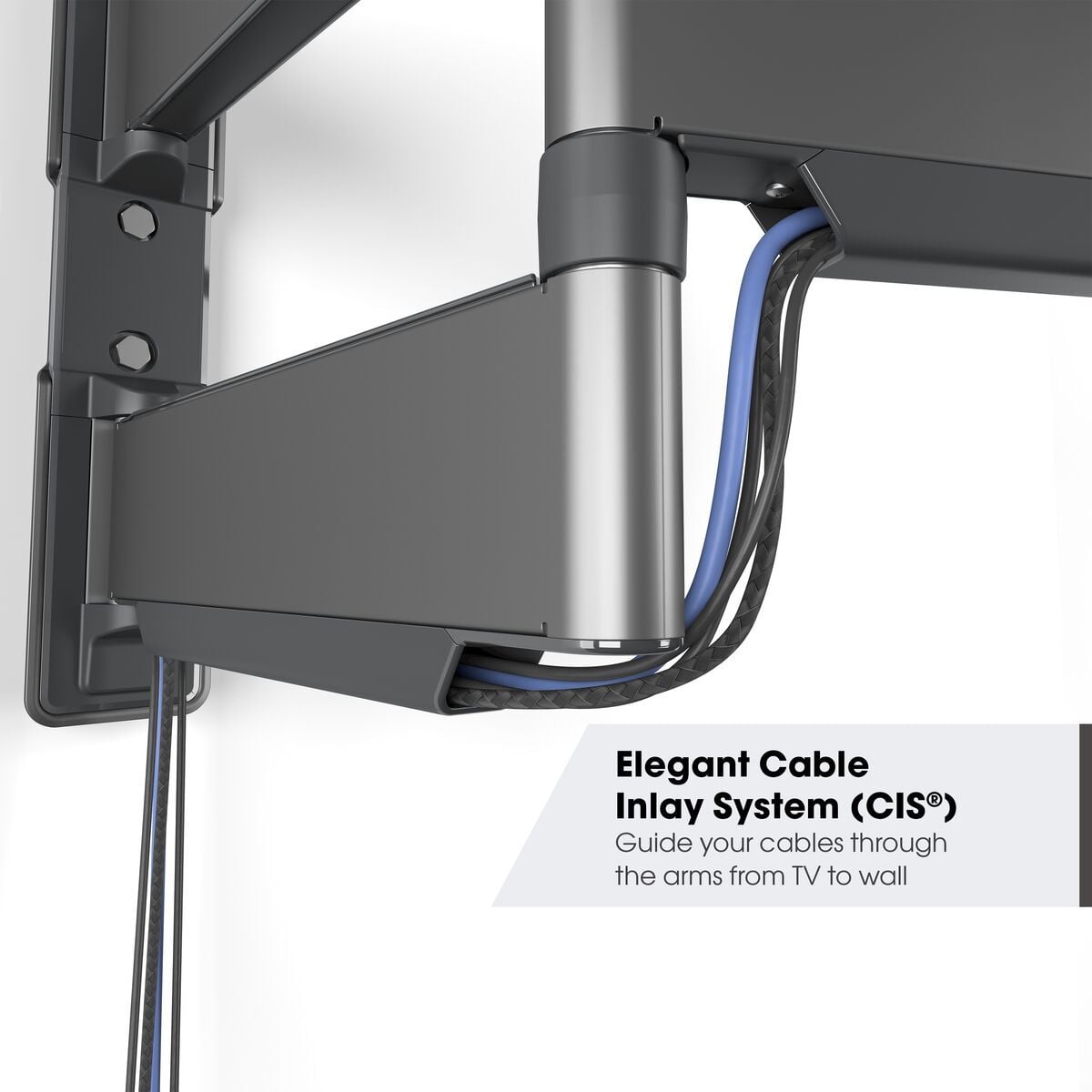 Detail kabelového systému Cable Inlay System CIS u Vogel's TVM 5845 — modrý a černý kabel vedený skrz otočné rameno držáku