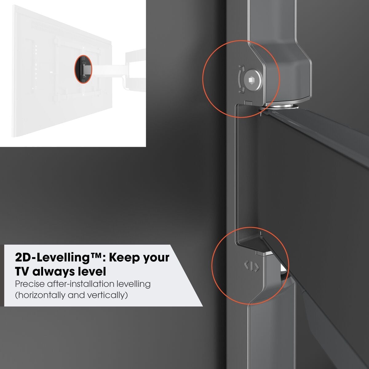Detail systému 2D-Levelling u Vogel's TVM 5845 — zvýrazněné stavěcí body na ramenu pro vyrovnání televizoru vodorovně i svisle