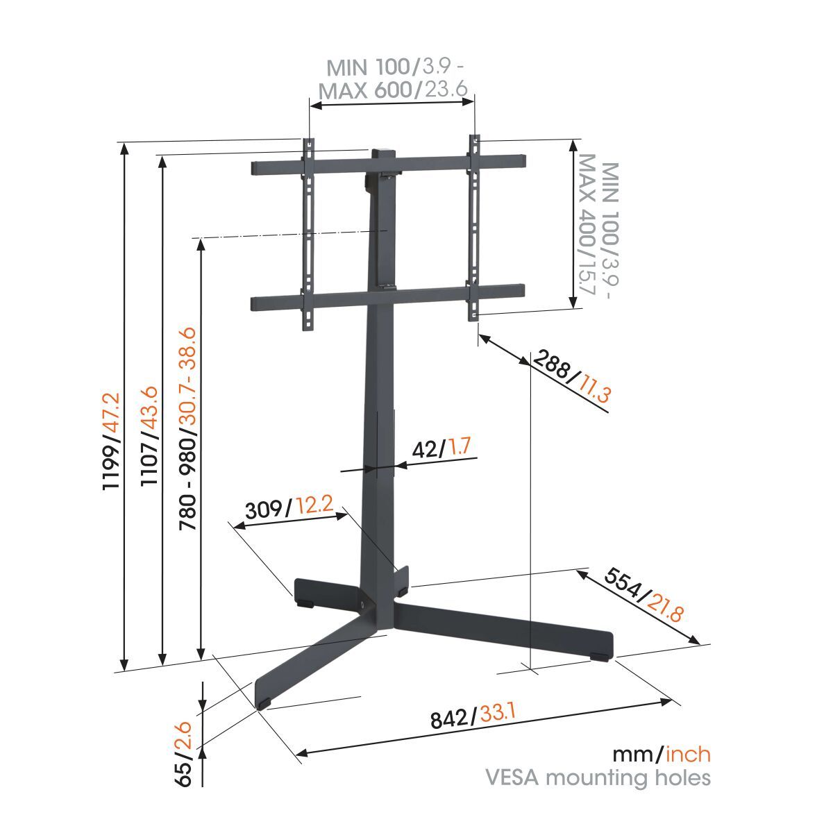 Vogel's TVS 3690 TV Floor Stand (black) - Suitable for 40 up to 77 inch TVs up to Dimensions
