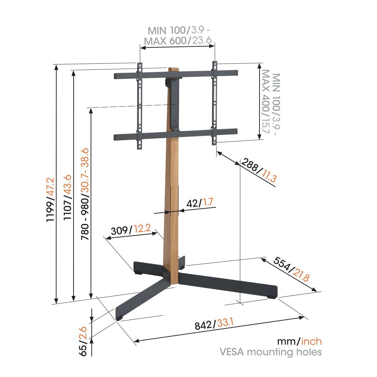 Vogel's TVS 3695 TV Floor Stand (black) - Suitable for 40 up to 77 inch TVs up to 50 kg - Dimensions