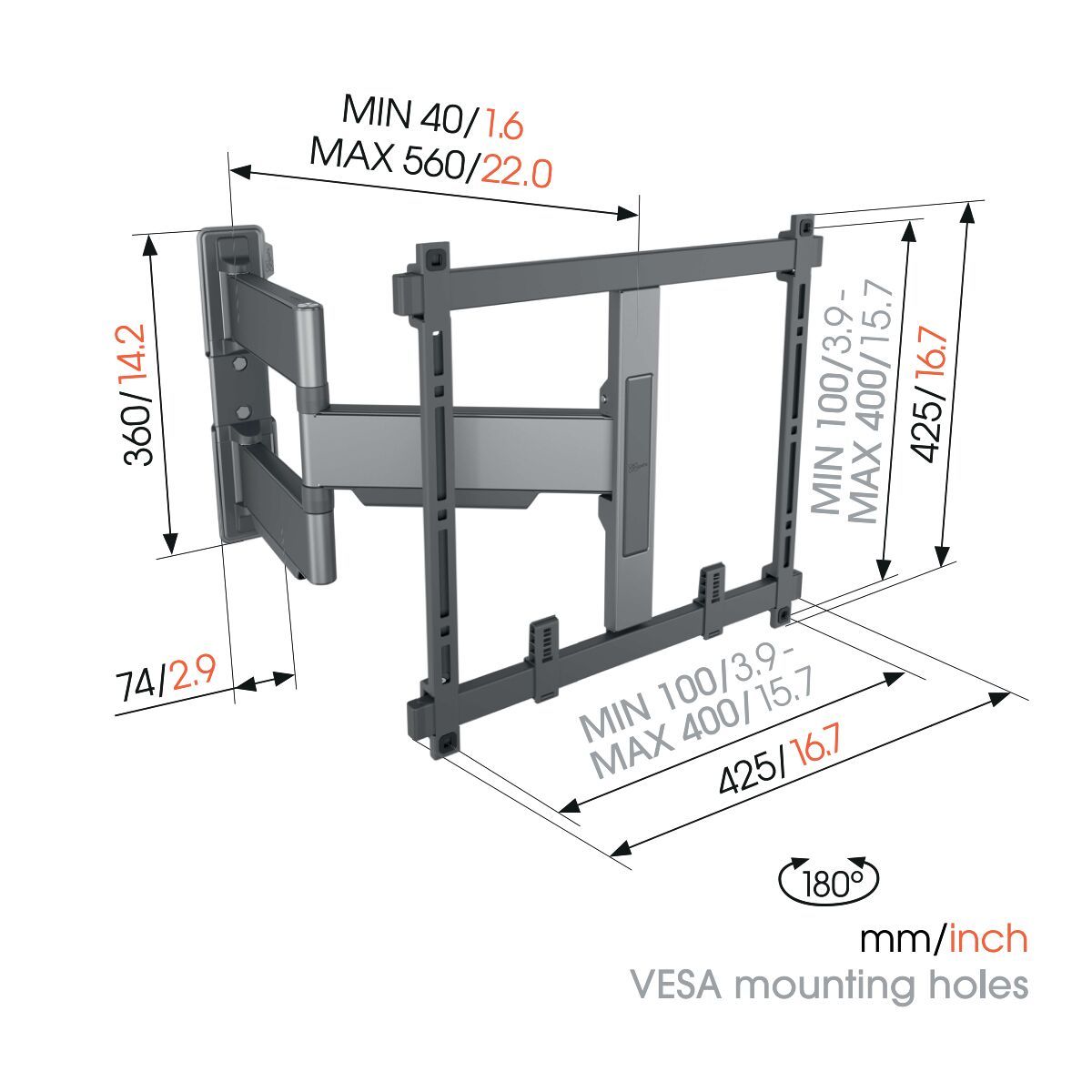 Vogel's TVM 5445 Full-Motion TV Wall Mount (black) - Suitable for 32 up to 65 inch TVs - Full motion (up to 180°) swivel - Dimensions