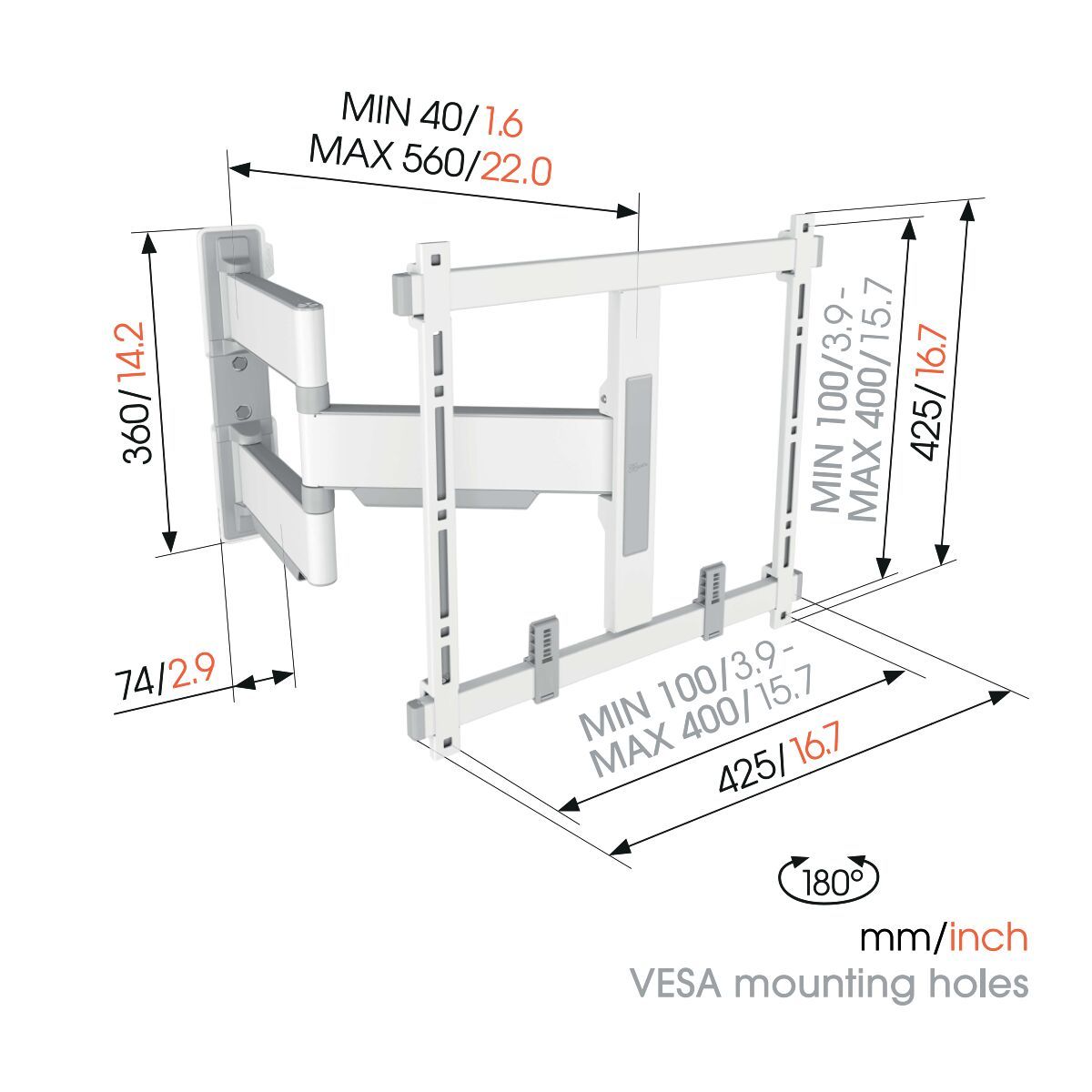 Vogel's TVM 5445 Full-Motion TV Wall Mount (white) - Suitable for 32 up to 65 inch TVs - Full motion (up to 180°) swivel - Dimensions