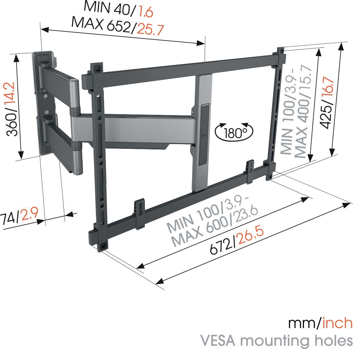 Vogel's TVM 5645 Schwenkbare TV-Wandhalterung (Schwarz) - Geeignet für Fernseher von 40 bis 77 Zoll - Voll beweglich (bis zu 180°) schwenkbar - Dimensions