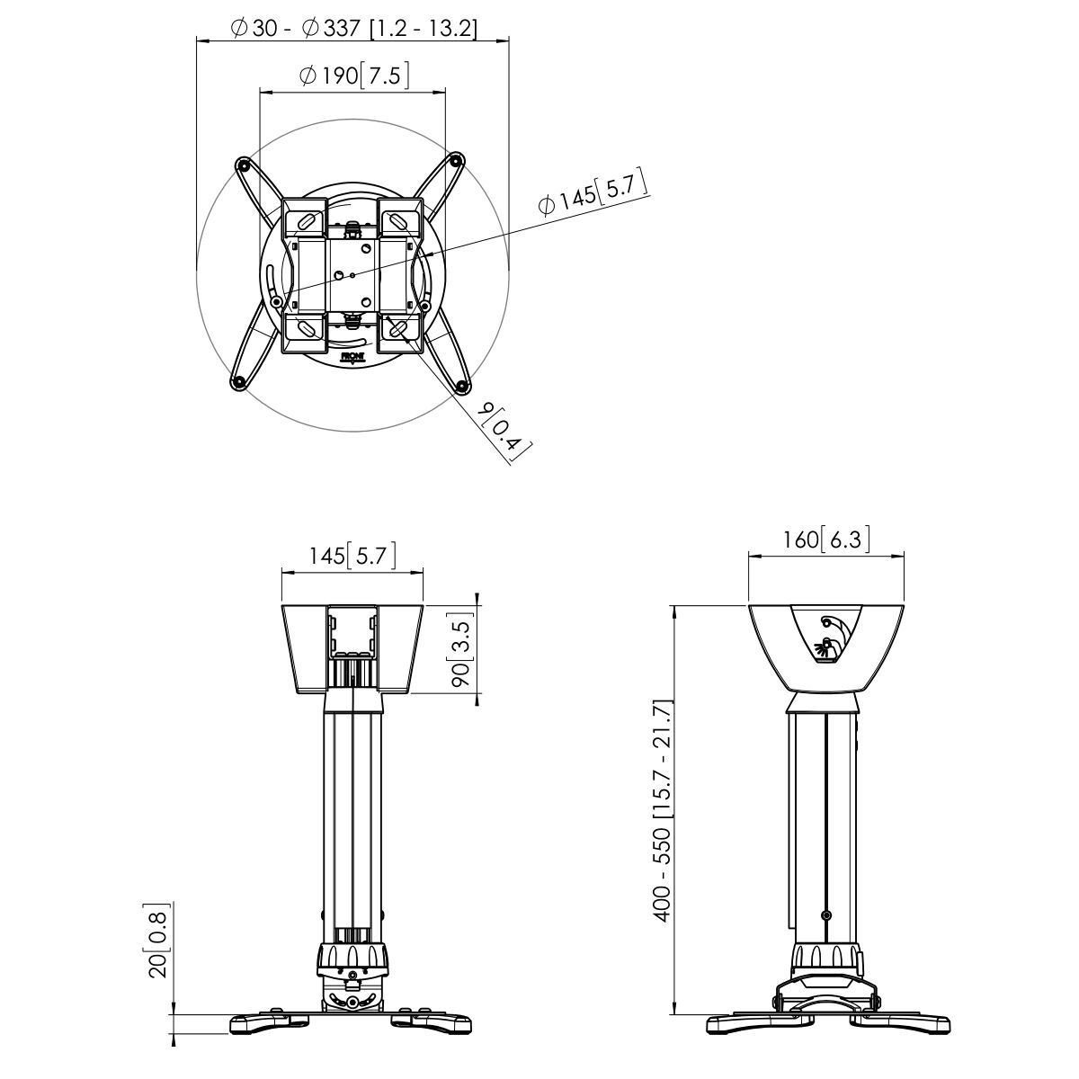 Vogel's PPC 1540W Projector Ceiling Mount - Dimensions