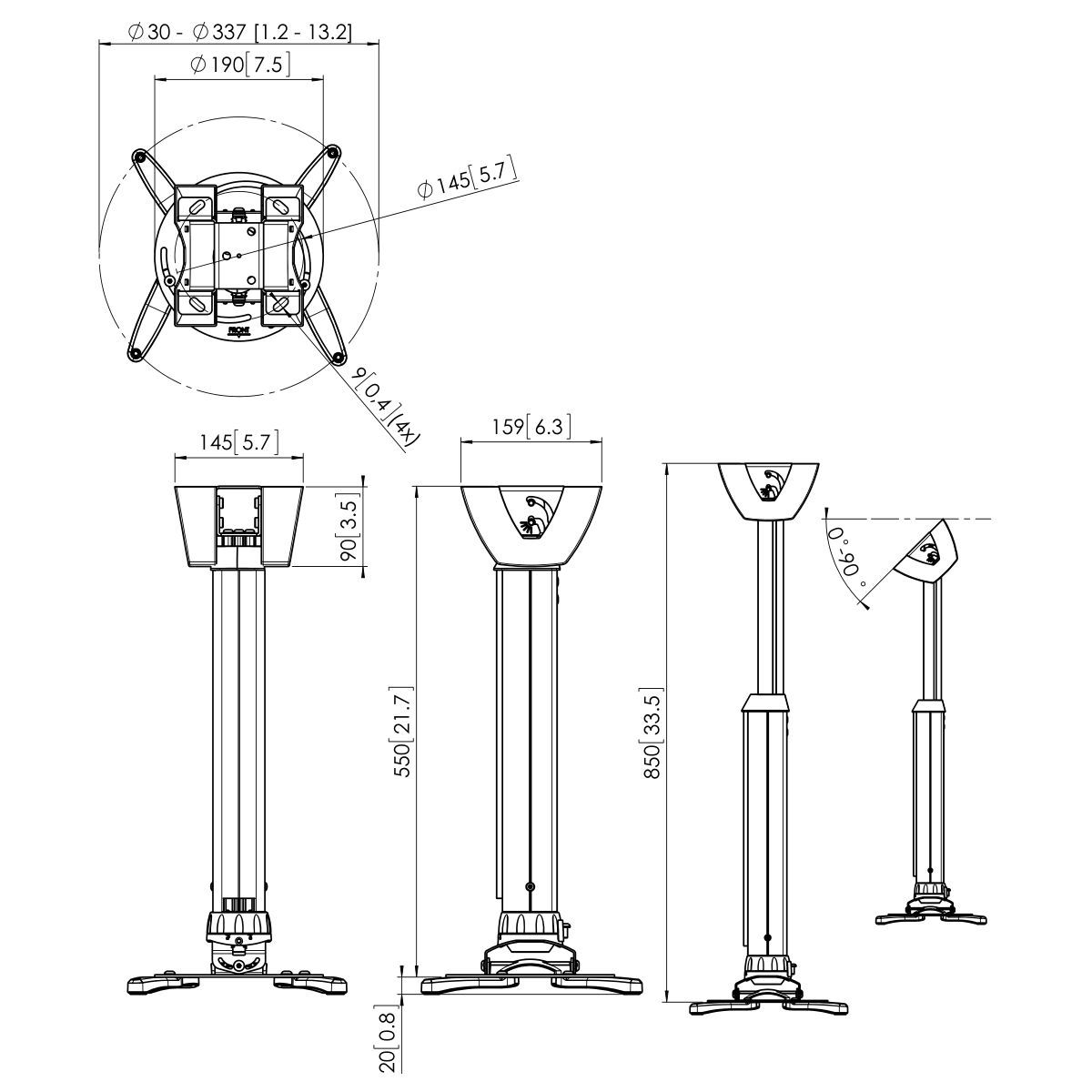 Vogel's PPC 1555S Projektor-Deckenhalterung - Dimensions