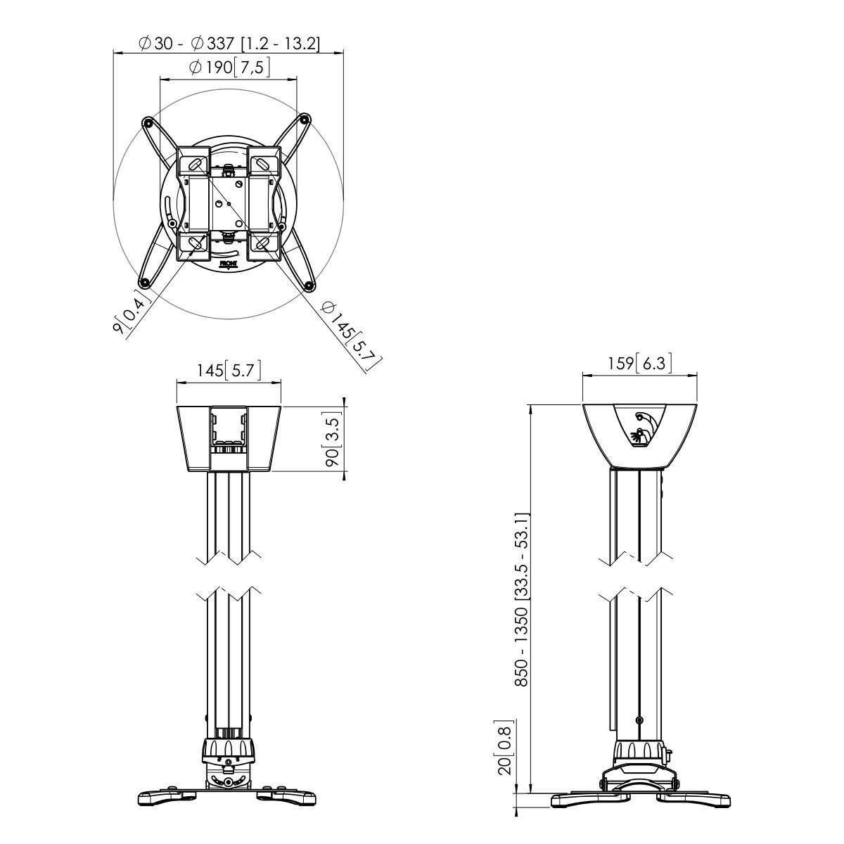 Vogel's PPC 1585W Support plafond pour projecteur - Dimensions