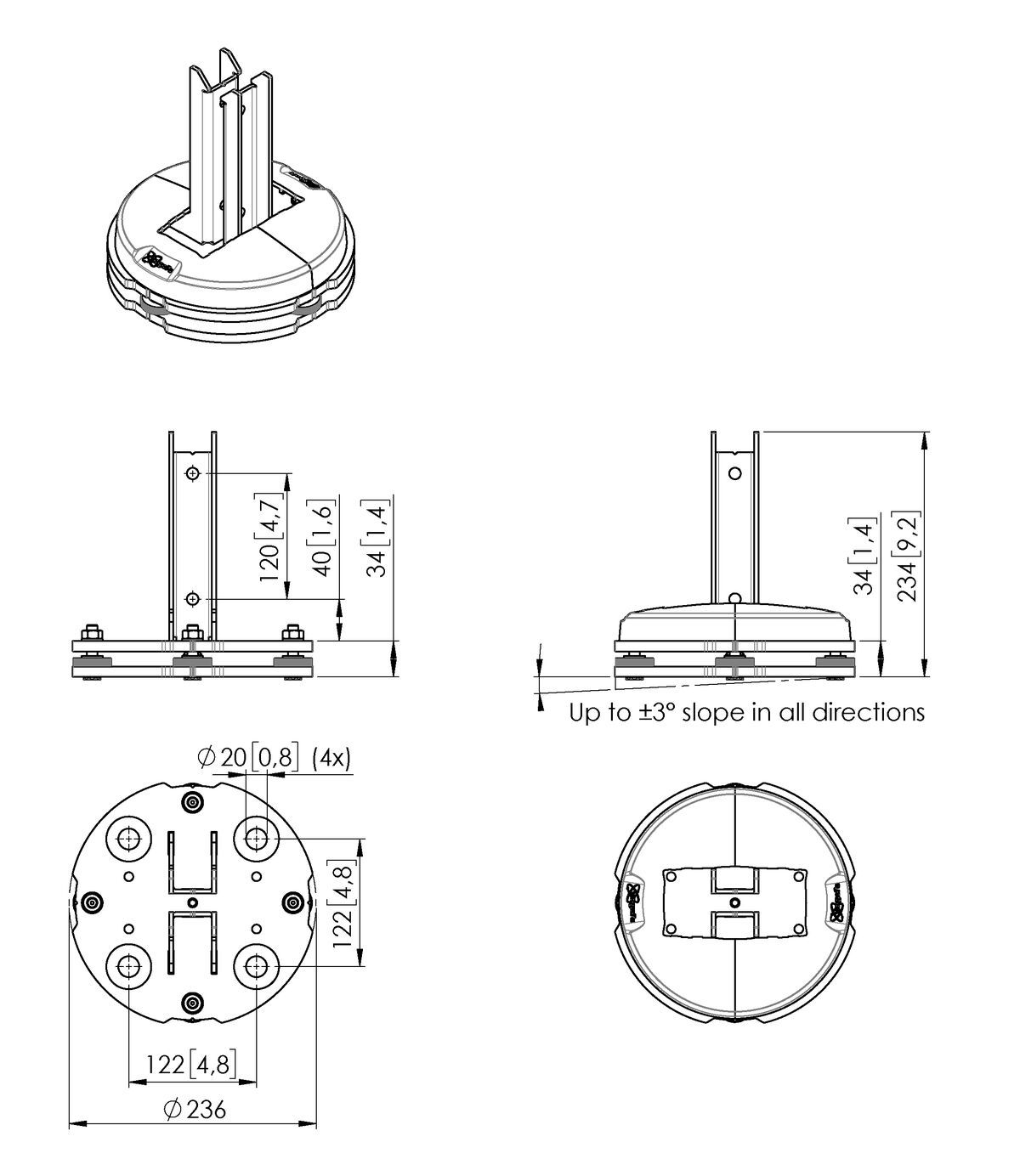 Vogel's PFF 7965 Video Wall Floor-Ceiling Mounting Plate - Dimensions