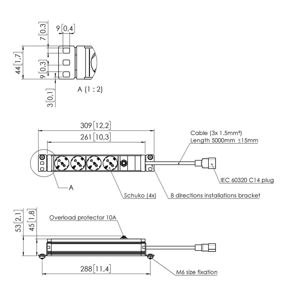 Vogel's RISE A152 Steckdosenblock mit Halterung Dimensions
