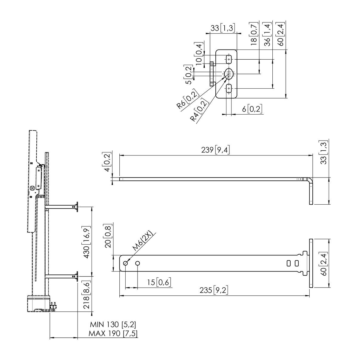 Vogel's RISE A161B Wall Mounting Brackets Dimensions