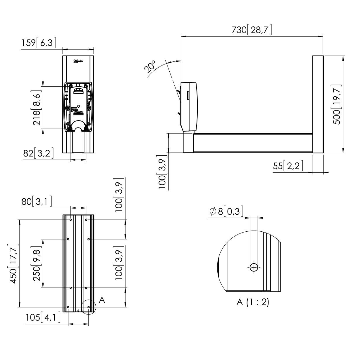 Vogel's PFW 950 Support mural pour écran, angle droit - Dimensions
