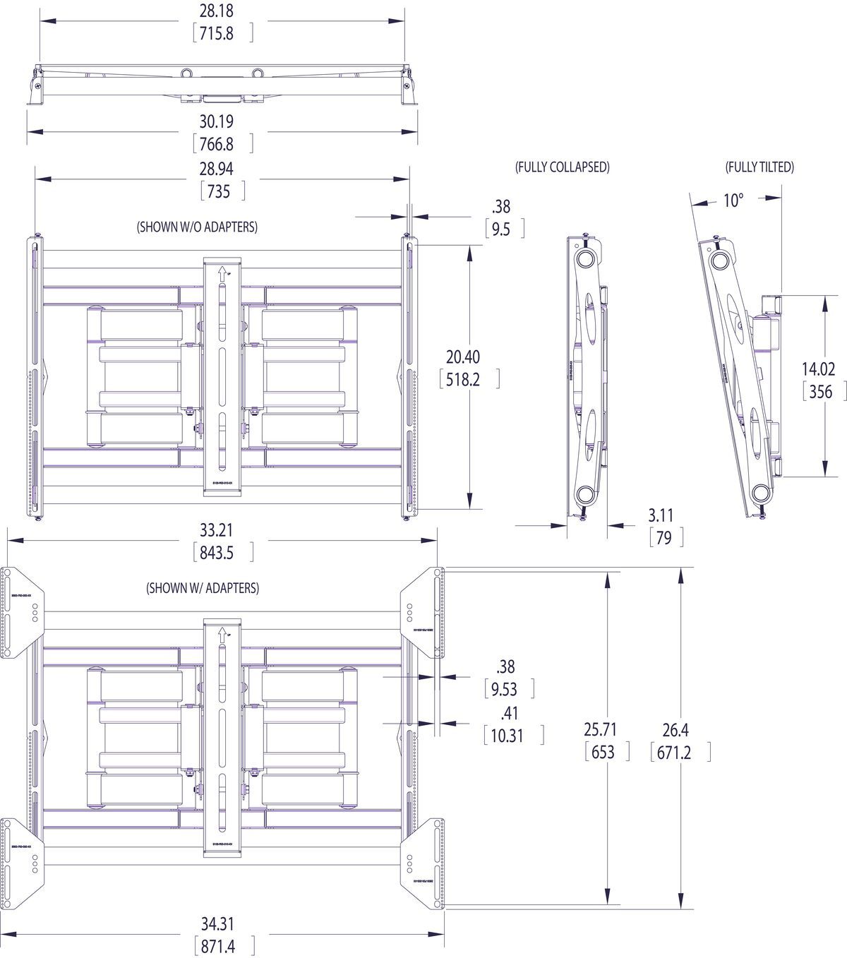 Vogel's PFW 6851 Support mural pour écran Dimensions