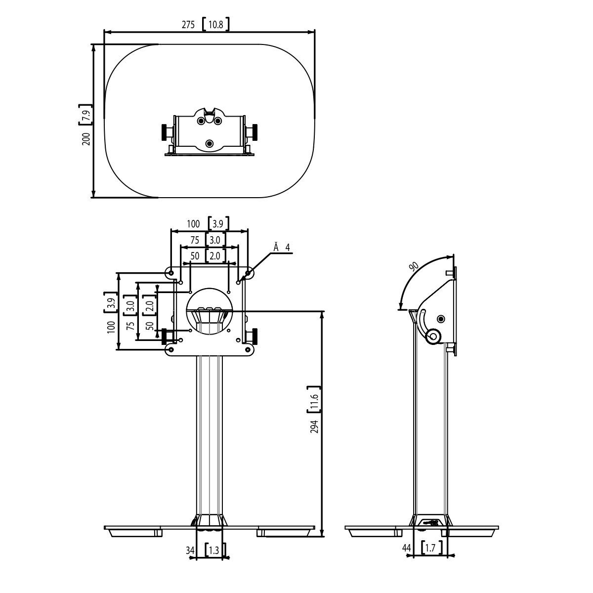 Vogel's PTA 3105 Table Stand with base plate - Dimensions