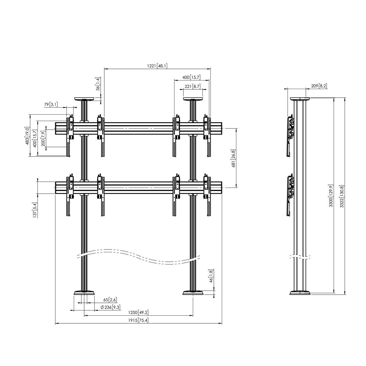 Vogel's FCVW2255 Video Wall Floor-Ceiling Solution - Dimensions
