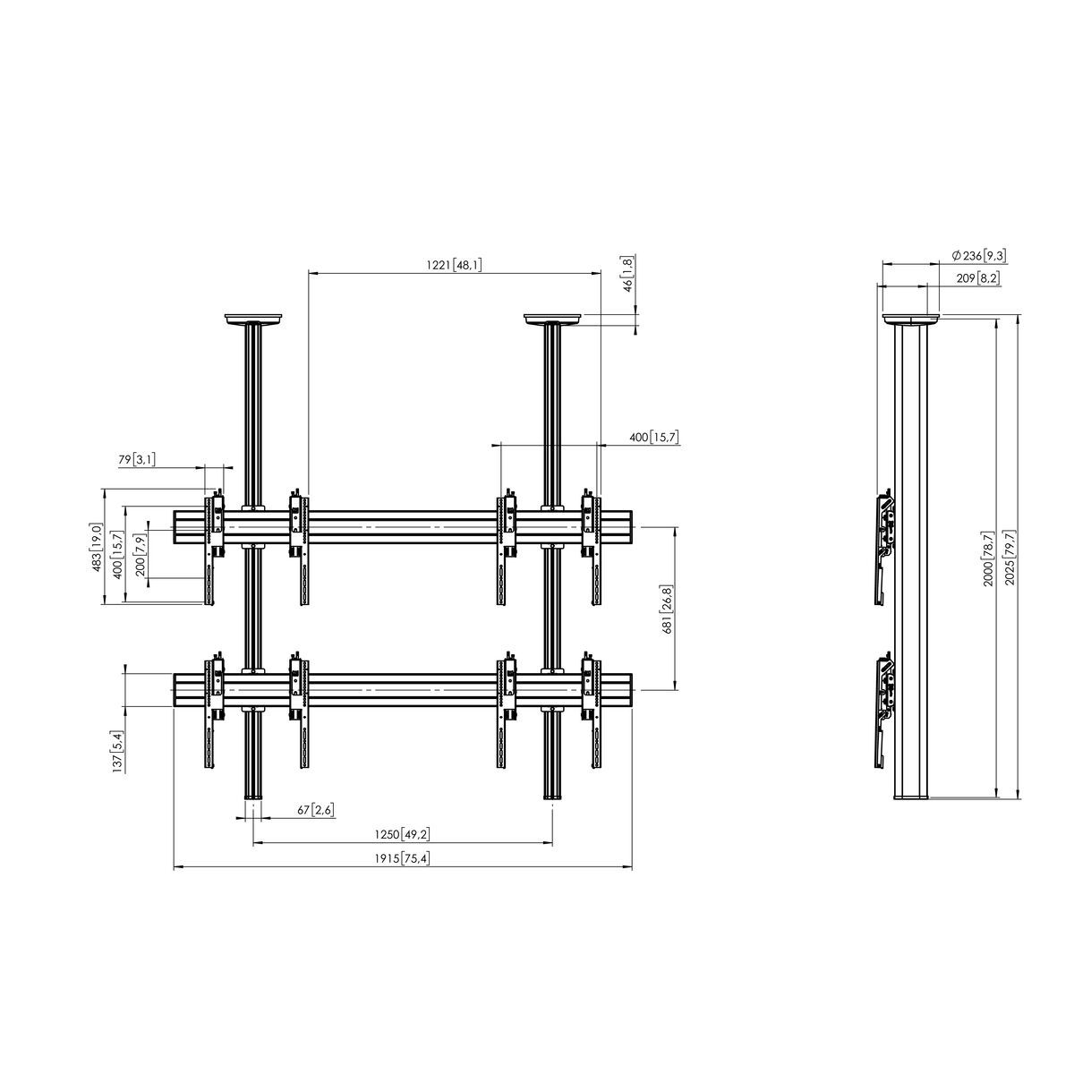 Vogel's CVW2255 Video Wall Ceiling Solution - Dimensions