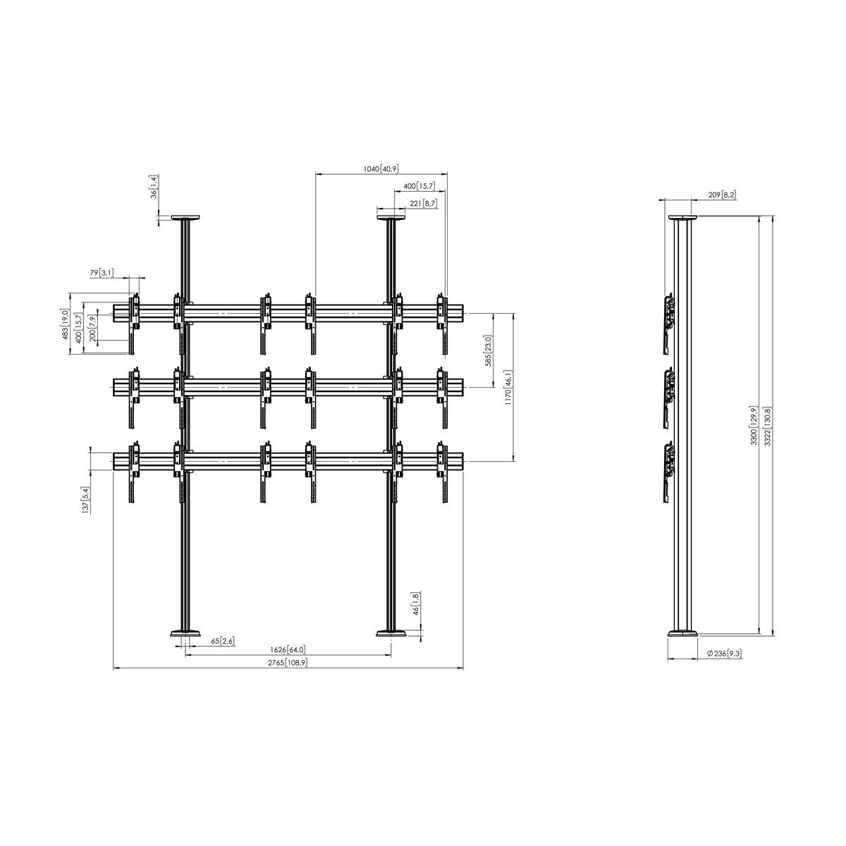 Vogel's FCVW3347 Videowand Boden-Decke-Lösung - Dimensions