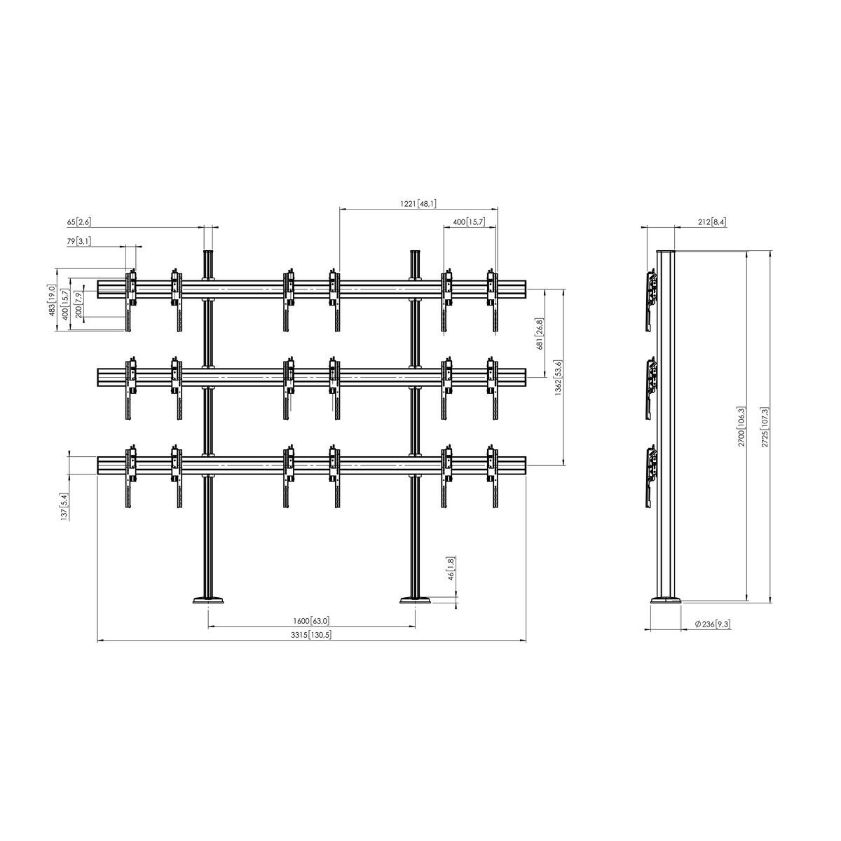 Vogel's FMVW3355 Pied de sol pour mur d’images fixe - Dimensions