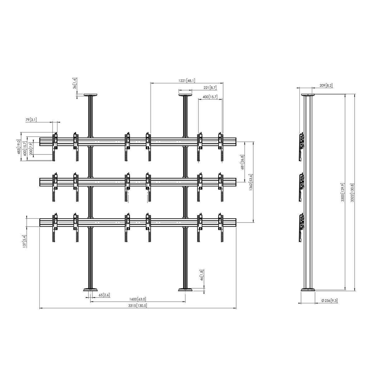 Vogel's FCVW3355 Solution de mur d'images sol-plafond - Dimensions