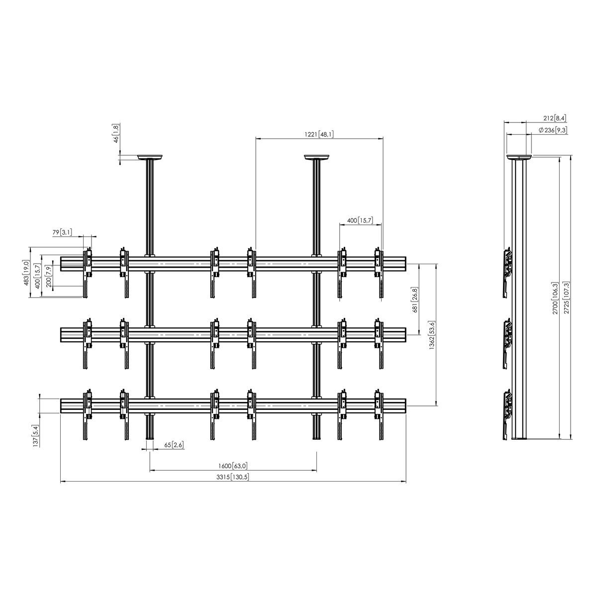 Vogel's CVW3355 Video Wall Ceiling Solution - Dimensions