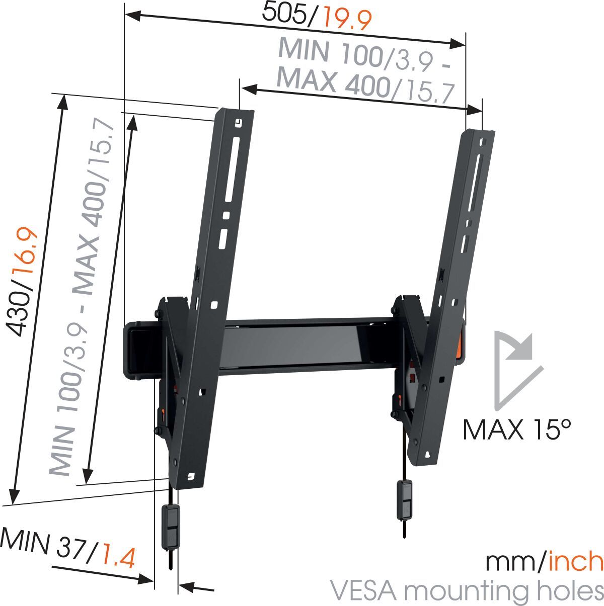 Vogel's WALL 2215 Tilting TV Wall Mount - Suitable for 32 up to 55 inch TVs up to Tilt up to 15° - Dimensions