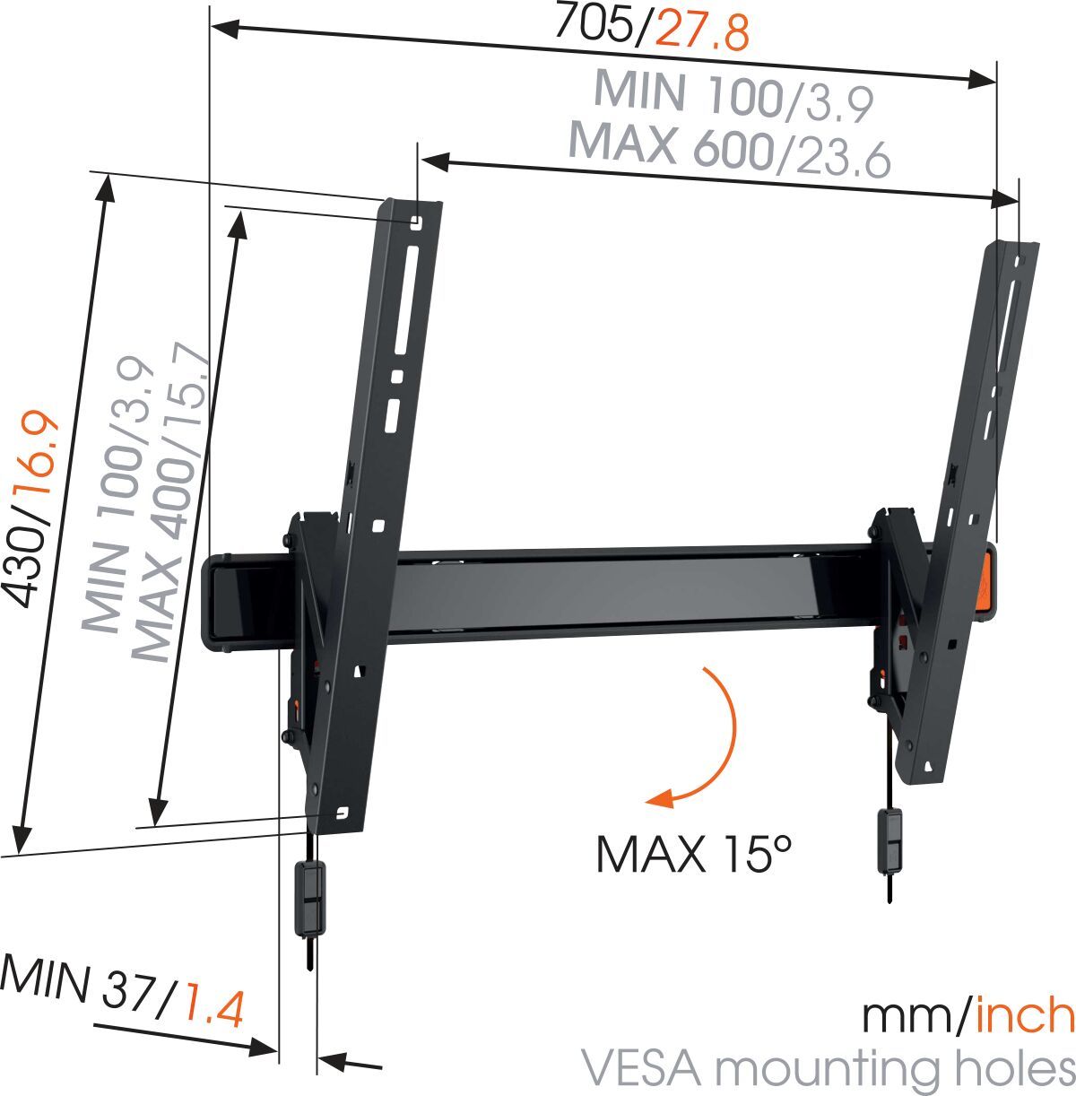 Vogel's WALL 2315 Tilting TV Wall Mount - Suitable for 40 up to 65 inch TVs up to Tilt up to 15° - Dimensions