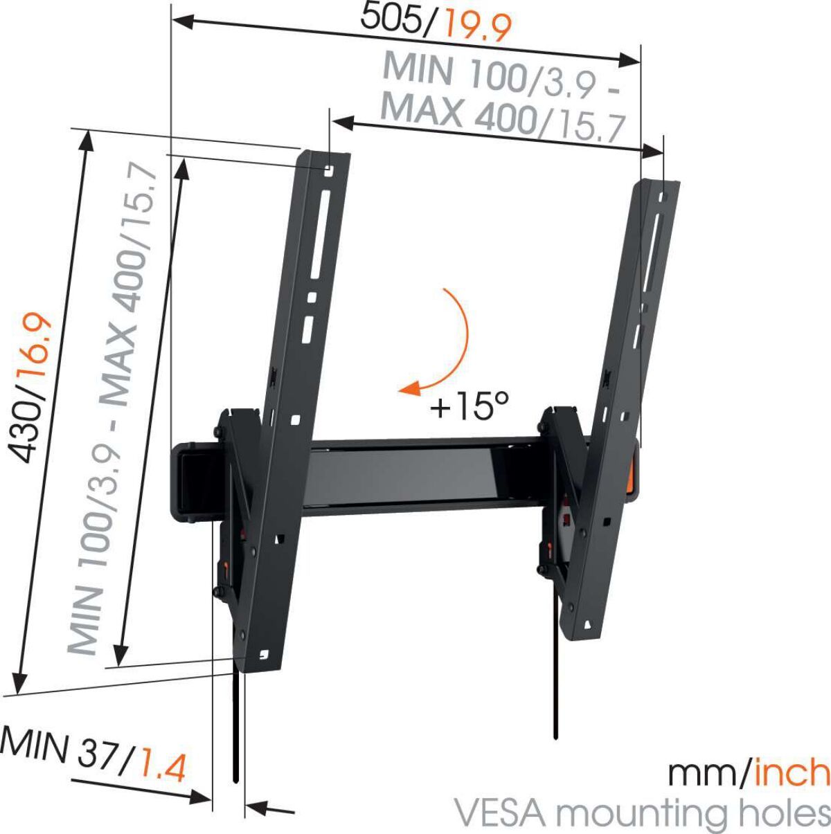 Vogel's WALL 3215 Tilting TV Wall Mount - Suitable for 32 up to 55 inch TVs up to Tilt up to 15° - Dimensions