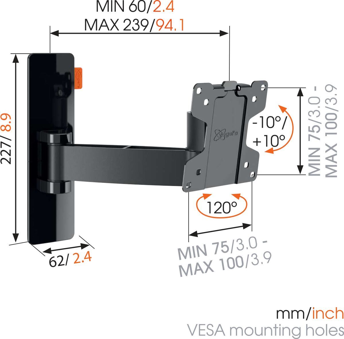 Vogel's WALL 2025 Full-Motion TV Wall Mount (black) - Suitable for 17 up to 26 inch TVs - Motion (up to 120°) - Tilt -10°/+10° - Dimensions