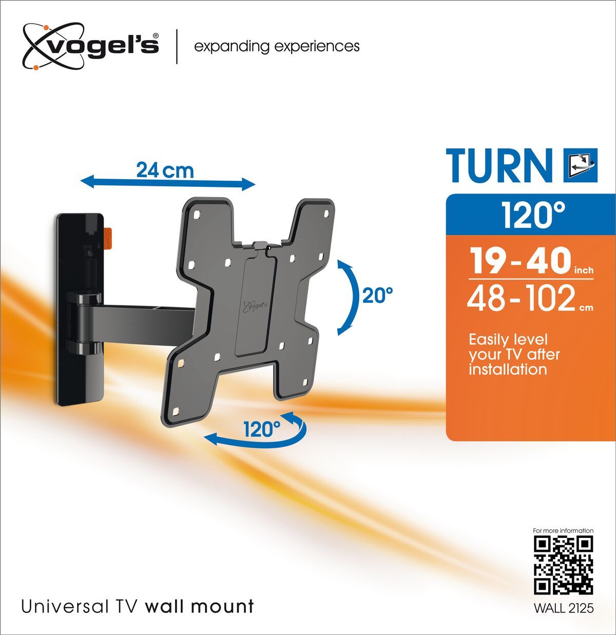 Vogel's WALL 2125 Support TV Orientable (noir) - Convient aux téléviseurs de 19 à 40 pouces - Rotation (jusqu'à 120°) - Inclinaison -10°/+10° - Packaging front