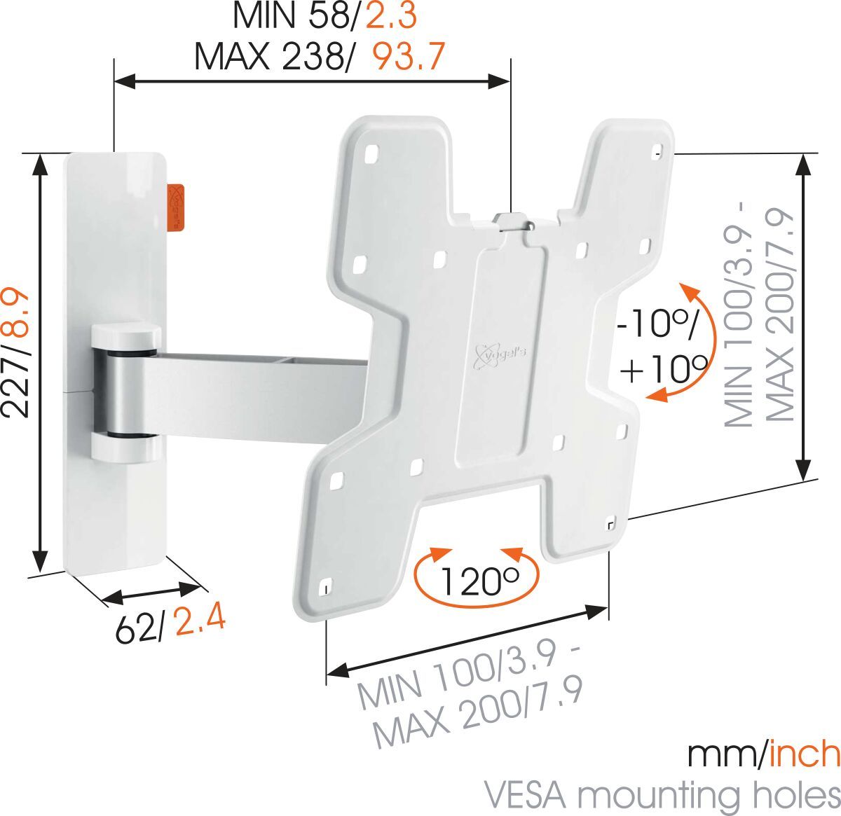 Vogel's WALL 2125 Full-Motion TV Wall Mount (white) - Suitable for 19 up to 40 inch TVs - Motion (up to 120°) - Tilt -10°/+10° - Dimensions