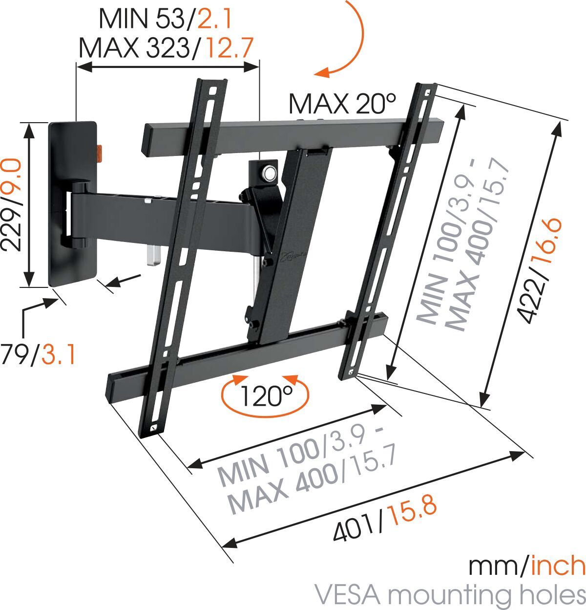 Vogel's WALL 2225 Full-Motion TV Wall Mount (black) - Suitable for 32 up to 55 inch TVs - Motion (up to 120°) - Tilt up to 20° - Dimensions
