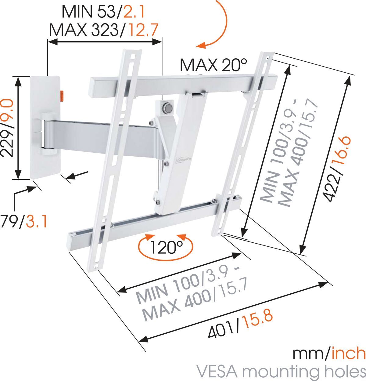 Vogel's WALL 2225 Full-Motion TV Wall Mount (white) - Suitable for 32 up to 55 inch TVs - Motion (up to 120°) - Tilt up to 20° - Dimensions