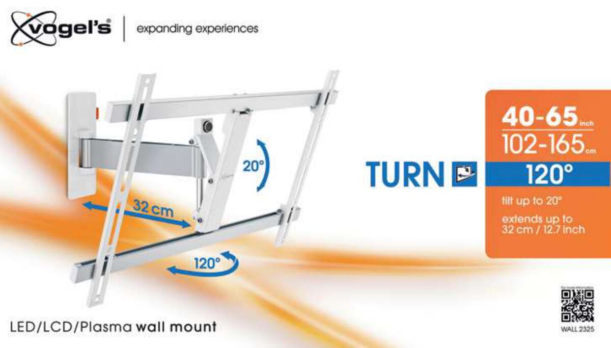Vogel's WALL 2325 Schwenkbare TV-Wandhalterung (Weiß) - Geeignet für Fernseher von 40 bis 65 Zoll - Beweglich (bis zu 120°) - Bis zu 20° neigbar - Packaging front