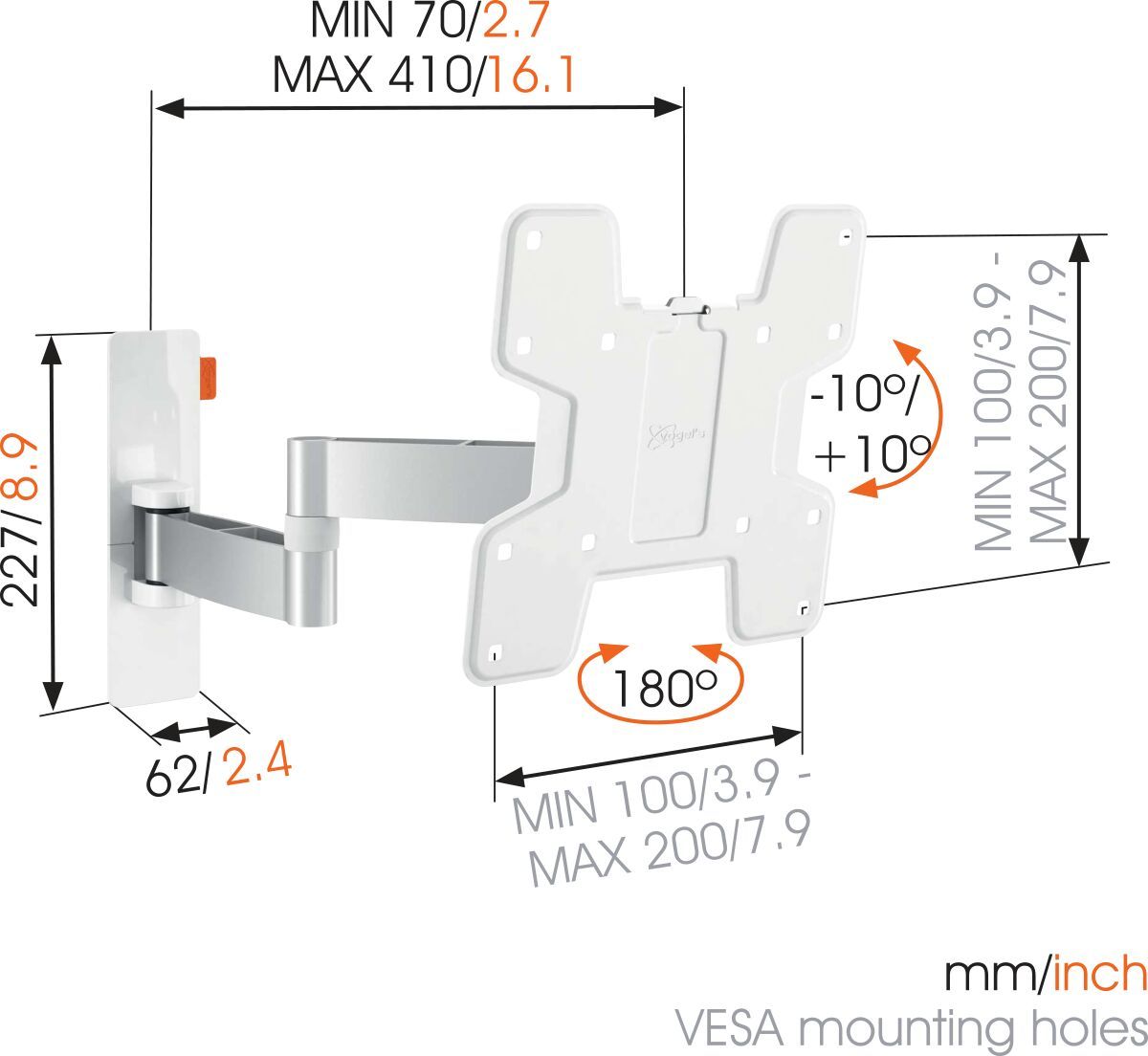 Vogel's WALL 2145 Full-Motion TV Wall Mount (white) - Suitable for 19 up to 40 inch TVs - Full motion (up to 180°) - Tilt -10°/+10° - Dimensions