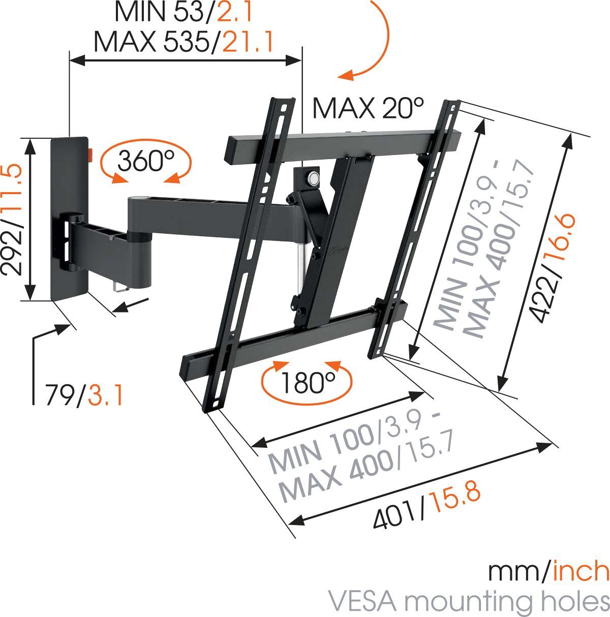 Vogel's WALL 2245 Full-Motion TV Wall Mount (black) - Suitable for 32 up to 55 inch TVs - Full motion (up to 180°) - Tilt up to 20° - Dimensions
