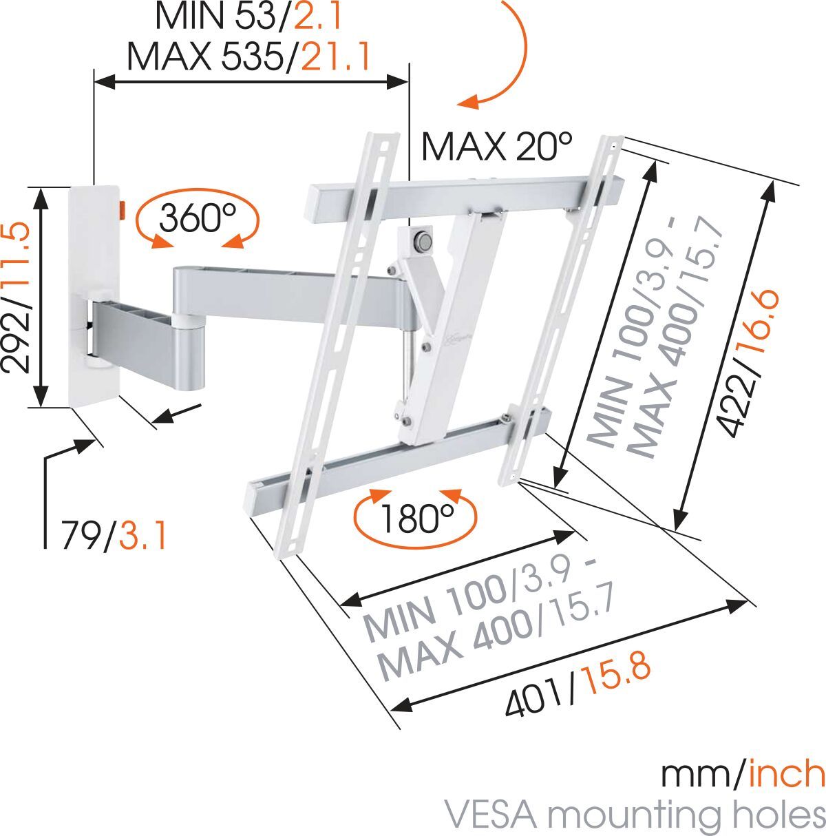 Vogel's WALL 2245 Full-Motion TV Wall Mount (white) - Suitable for 32 up to 55 inch TVs - Full motion (up to 180°) - Tilt up to 20° - Dimensions