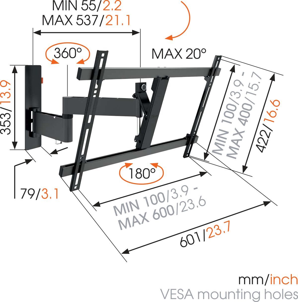 Vogel's WALL 2345 Support TV Orientable (noir) - Convient aux téléviseurs de 40 à 65 pouces - Orientable (jusqu'à 180°) - Inclinaison jusqu'à 20° - Dimensions