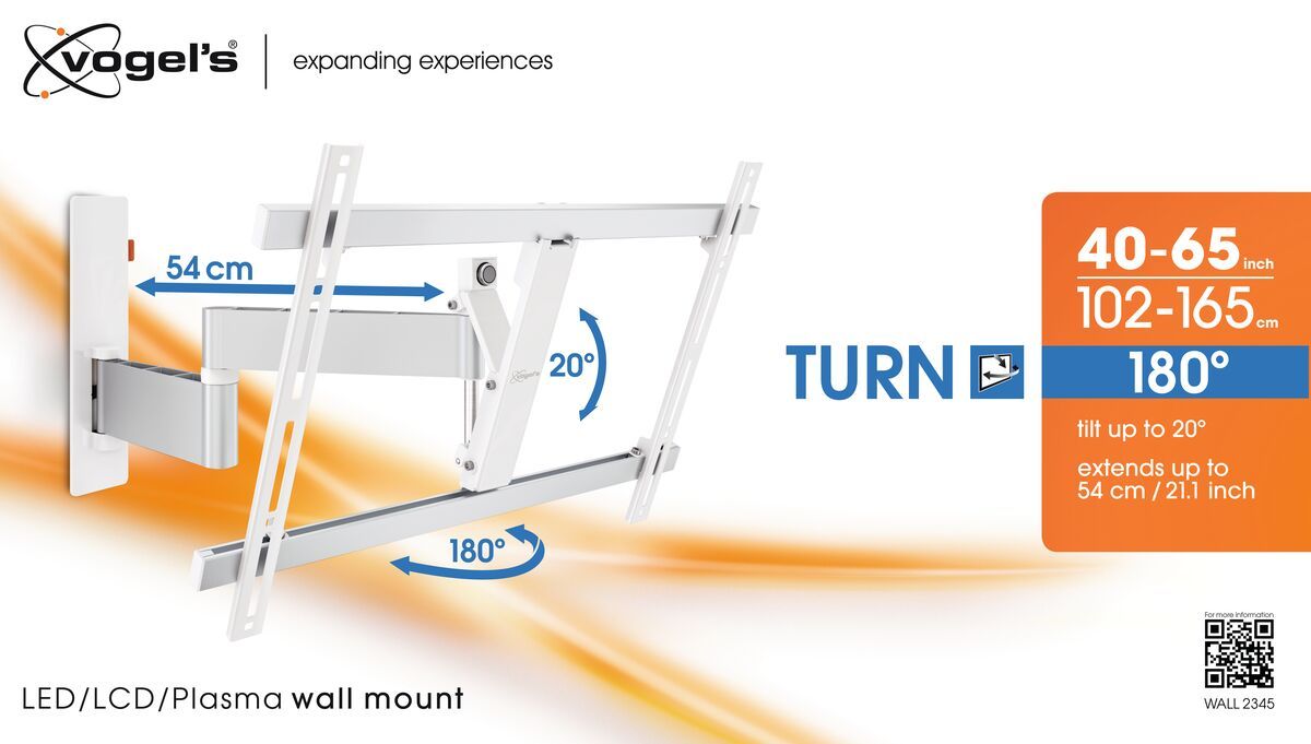 Vogel's WALL 2345 Schwenkbare TV-Wandhalterung (Weiß) - Geeignet für Fernseher von 40 bis 65 Zoll - Voll beweglich (bis zu 180°) - Bis zu 20° neigbar - Packaging front