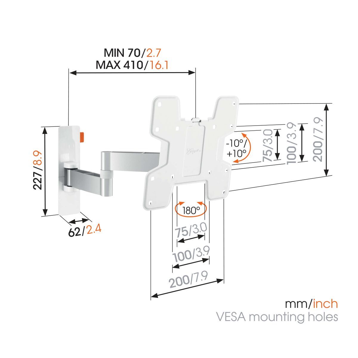 Vogel's WALL 3145 Full-Motion TV Wall Mount (white) - Suitable for 19 up to 43 inch TVs - Full motion (up to 180°) - Tilt -10°/+10° - Dimensions