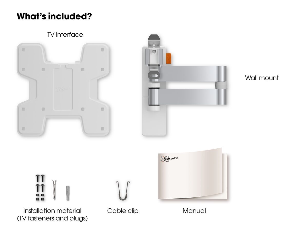 Vogel's WALL 3145 Full-Motion TV Wall Mount (white) - Suitable for 19 up to 43 inch TVs - Full motion (up to 180°) - Tilt -10°/+10° - What's in the box