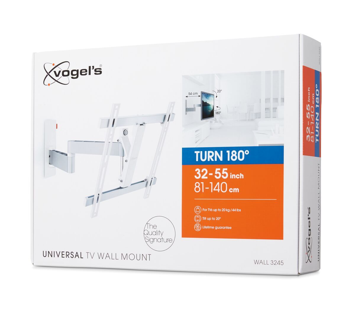 Vogel's WALL 3245 Full-Motion TV Wall Mount (white) - Suitable for 32 up to 55 inch TVs - Full motion (up to 180°) - Tilt up to 20° - Pack shot 3D