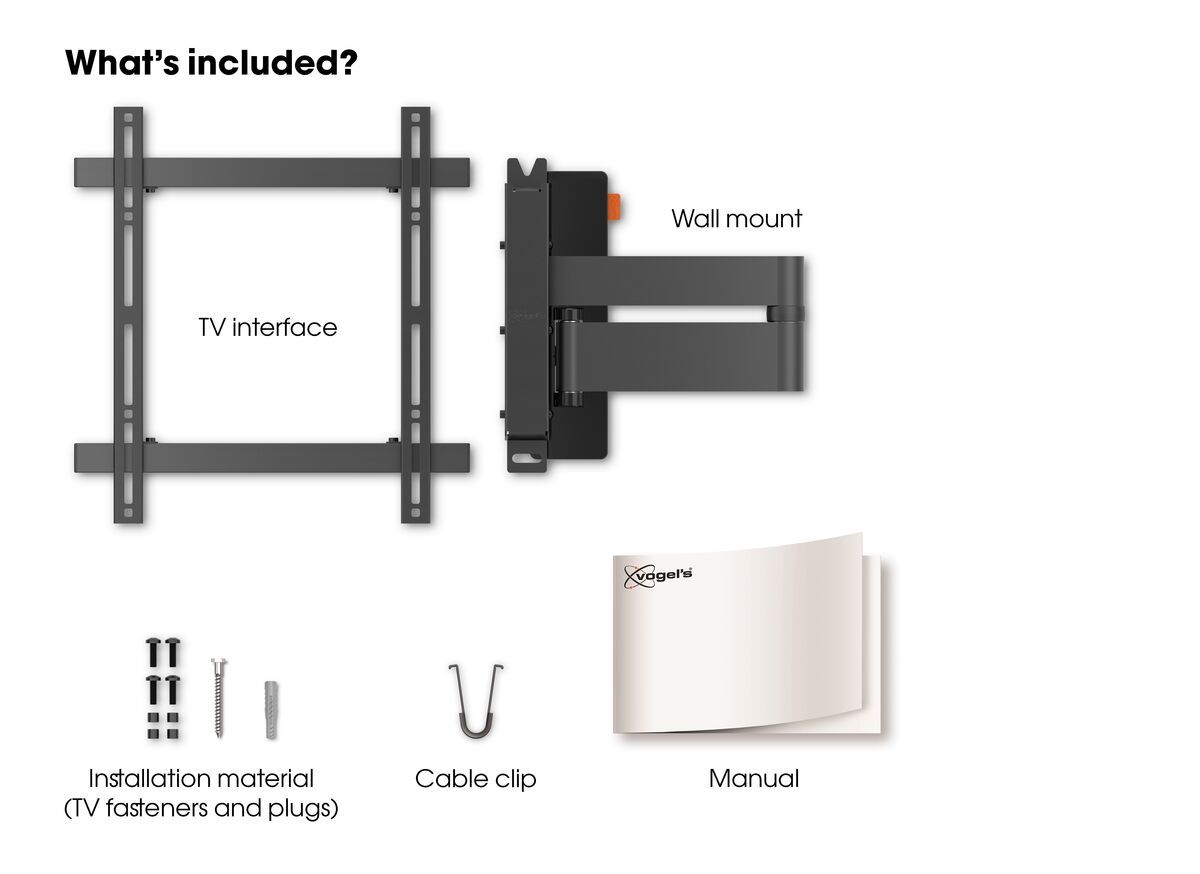 Vogel's WALL 3245 Support TV Orientable (noir) - Convient aux téléviseurs de 32 à 55 pouces - Orientable (jusqu'à 180°) - Inclinaison jusqu'à 20° - What's in the box