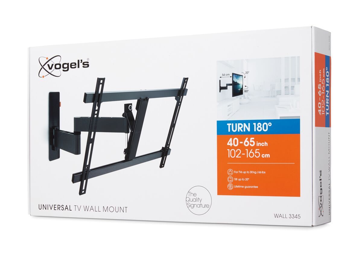 Vogel's WALL 3345 Full-Motion TV Wall Mount (black) - Suitable for 40 up to 65 inch TVs - Full motion (up to 180°) - Tilt up to 20° - Pack shot 3D