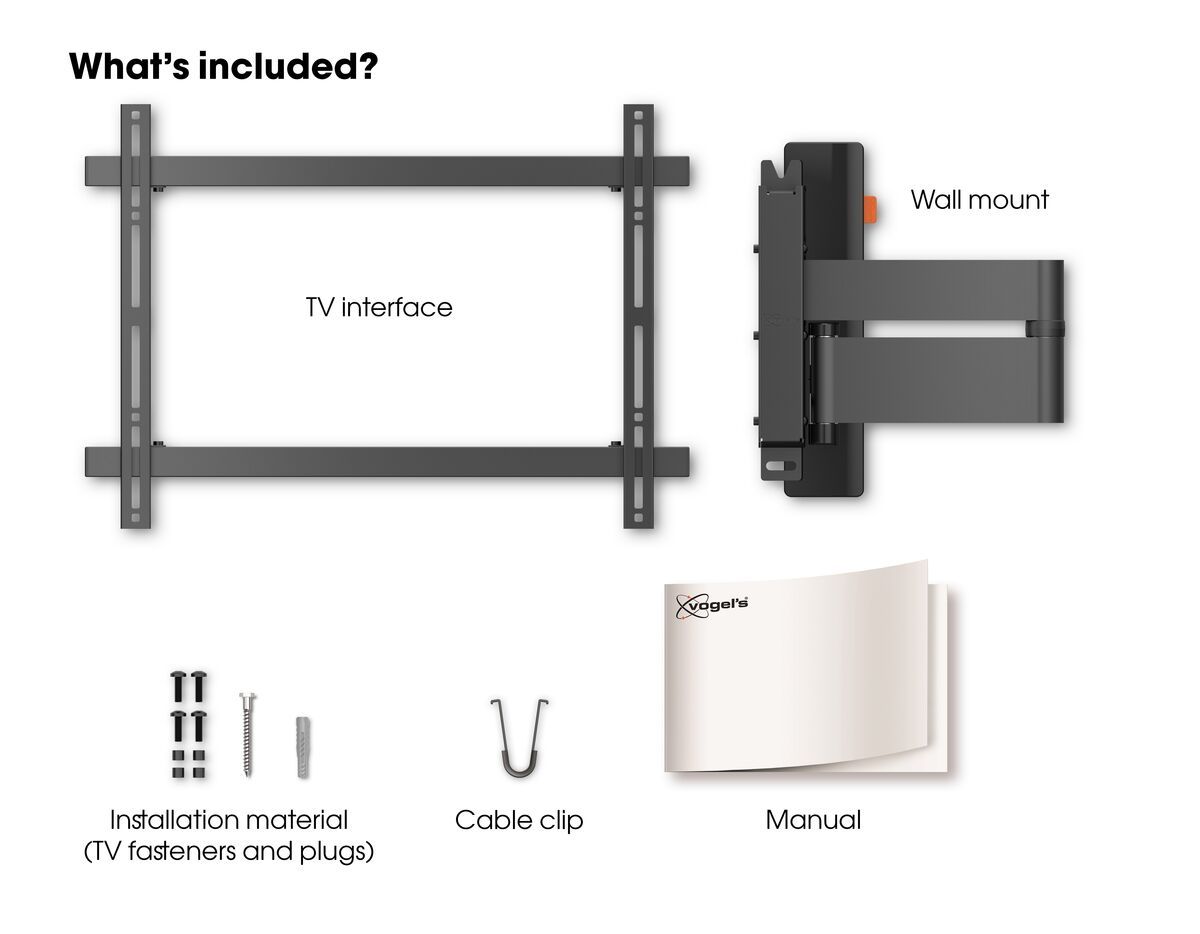 Vogel's WALL 3345 Full-Motion TV Wall Mount (black) - Suitable for 40 up to 65 inch TVs - Full motion (up to 180°) - Tilt up to 20° - What's in the box