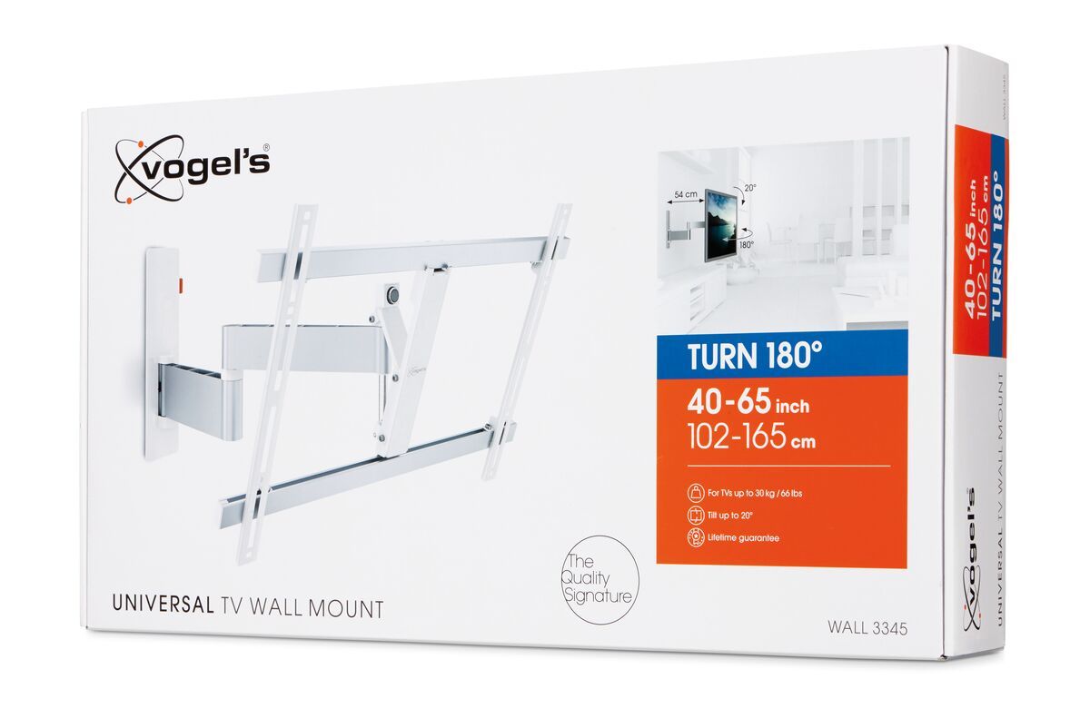Vogel's WALL 3345 Full-Motion TV Wall Mount (white) - Suitable for 40 up to 65 inch TVs - Full motion (up to 180°) - Tilt up to 20° - Pack shot 3D